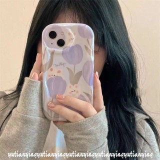 เคสโทรศัพท์มือถือ Tpu นิ่ม กันกระแทก ขอบโค้ง ลายกระต่ายน่ารัก ดอกทิวลิป 3D แวววาว สําหรับ iPhone 11 13 14 12 Pro Max 7Plus XR XS X Max 6s 8 6 7 Plus SE 2020