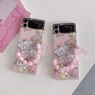 เคสโทรศัพท์มือถือ PC แข็ง กันกระแทก ลายการ์ตูนหมีสีชมพูน่ารัก พร้อมสายโซ่คล้อง สําหรับ Samsung Galaxy Z Flip 4 5G Z Flip 3