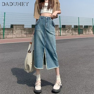 DaDuHey🎈 Women 2023 Summer New Retro Front Slit Denim Skirt High Waist Slimming A- line Mid-Length Skirt