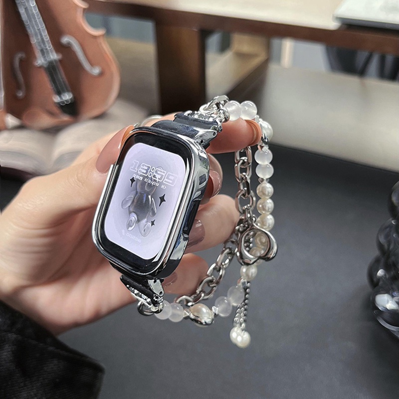 สายนาฬิกาข้อมือ ประดับมุก และโซ่เหล็ก สําหรับ Redmi Watch 3 2 Lite Redmi Watch3