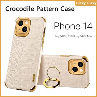 เคส iPhone 14 Pro Max 14 Plus นุ่ม ลายจระเข้ ที่วางแหวนนิ้ว ฝาครอบ PU กล้องปกป้องเต็มรูปแบบ ชุบทอง บาง ความรู้สึกที่ยอดเยี่ยม ป้องกันลายนิ้วมือ ซับในกระจายความร้อน 13 Pro Max 13 mini