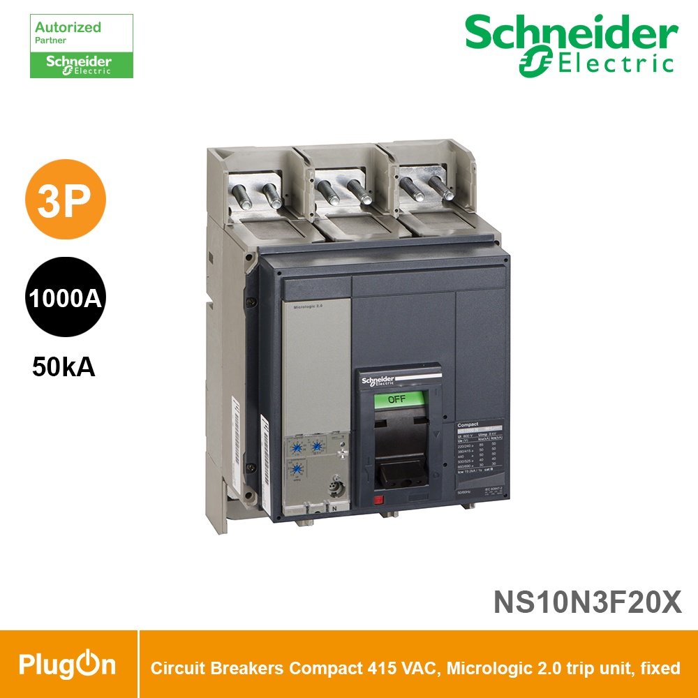 Schneider Electric NS10N3F20X Circuit breaker,ComPact NS1000N,50kA/415VAC, Micrologic 2.0 trip unit,