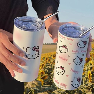 กระติกน้ําร้อน สเตนเลส ลาย Hello Kitty พร้อมหลอดดูด แบบพกพา สําหรับผู้หญิง