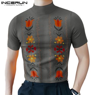 Incerun เสื้อยืดแขนสั้น คอสูง ลายดอกไม้ แฟชั่นสําหรับผู้ชาย