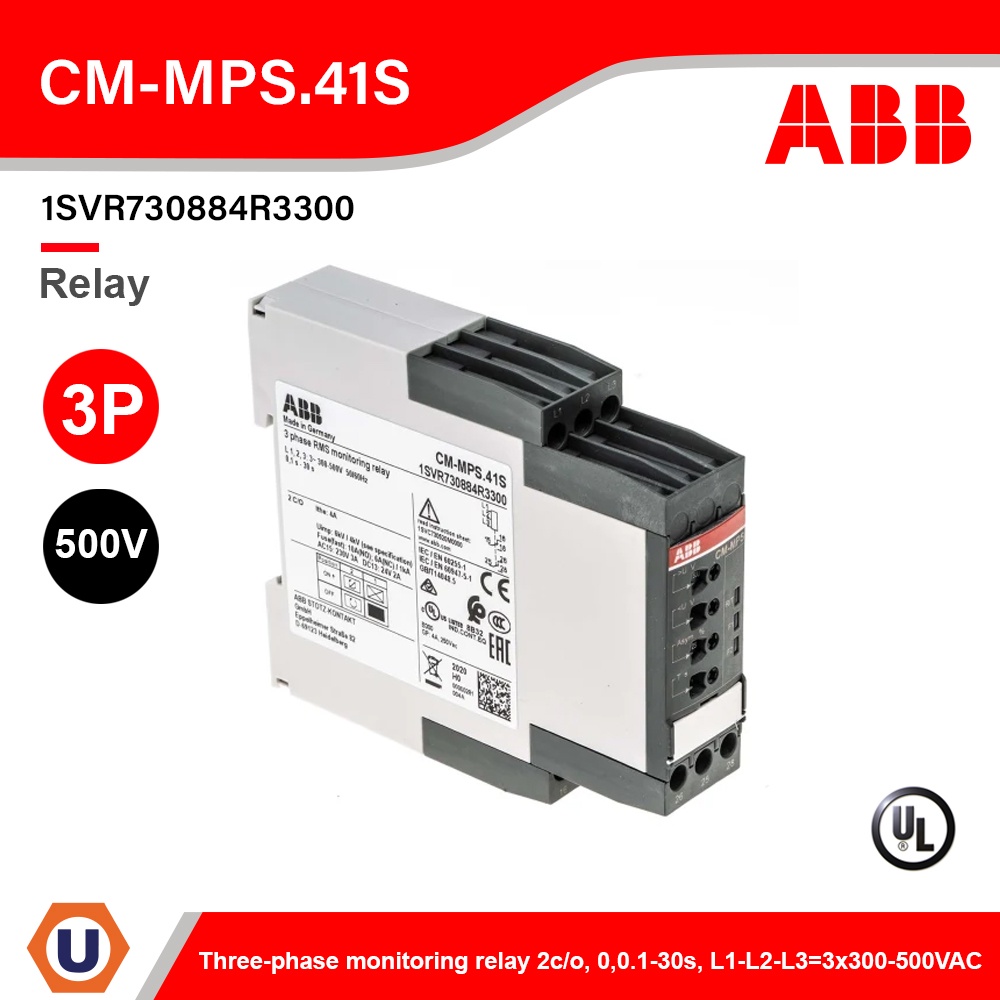 ABB Three-phase monitoring relay 2c/o, 0,0.1-30s, L1-L2-L3=3x300-500VAC l CM-MPS.41S l 1SVR730884R33