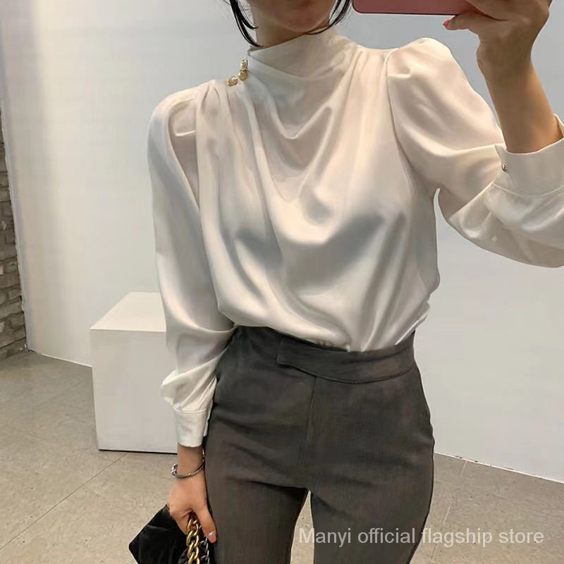 เสื้อเชิ้ตแขนยาว คอสูง แต่งกระดุมด้านข้าง ทรงหลวม สไตล์เกาหลี แฟชั่นใหม่ สําหรับผู้หญิง Sc8062