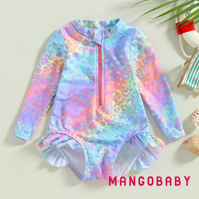 Mgg-kids ชุดว่ายน้ําเด็กผู้หญิง Fish Scale พิมพ์ Ruffles แขนยาว Jumpsuit ชุดว่ายน้ํา Beachwear ชุดว่ายน้ํา