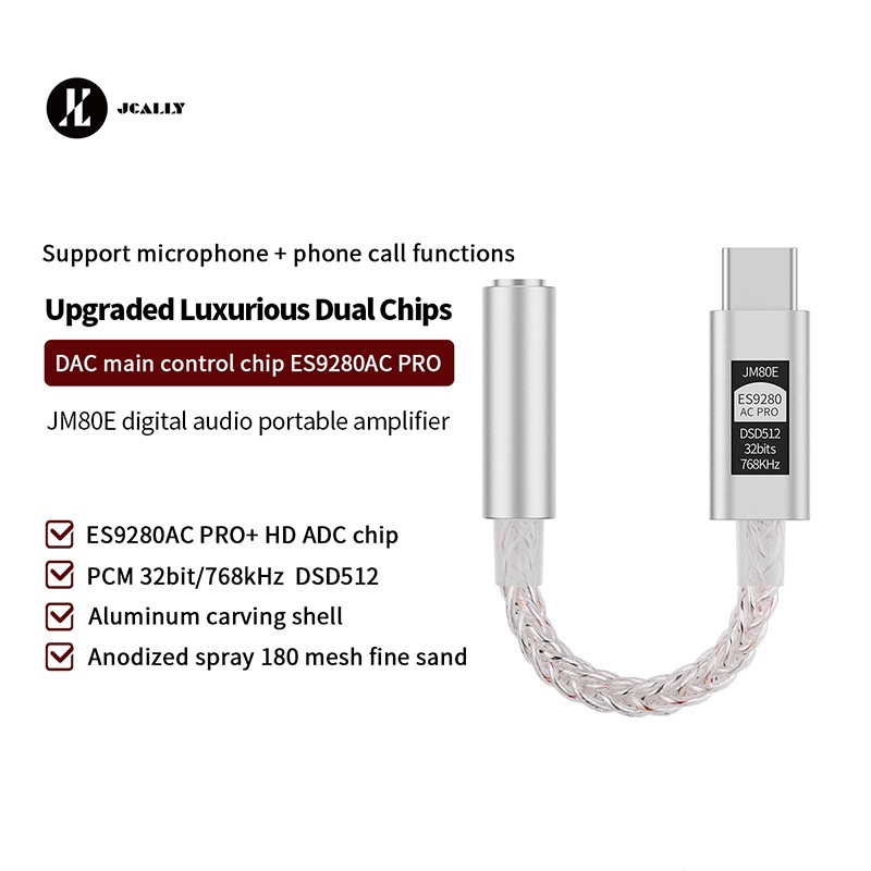 Jcally JM80E ES9280AC PRO ชิปเสียงดิจิทัล Type C เป็น PCM 32 บิต 768kHz DSD512 3.5 มม. รองรับไมโครโฟ