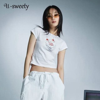 U-sweety เสื้อยืดแขนสั้นลําลอง เข้ารูป พิมพ์ลาย สีพื้น แฟชั่นสําหรับสตรี 2023