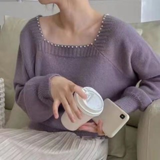 sweater🤍เสื้อสเวตเตอร์คอเหลี่ยมประดับมุก เรียบง่าย ทรงหลวม แขนยาว
