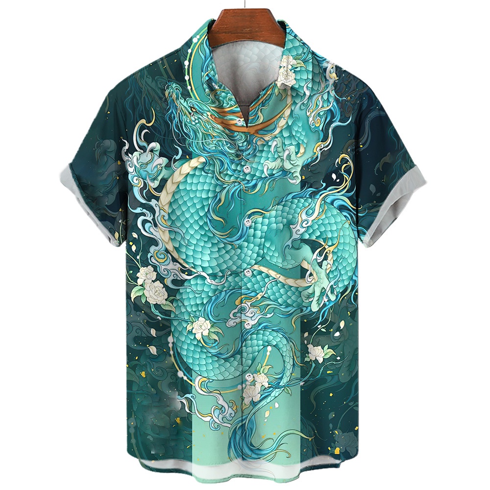 เสื้อโปโลแขนสั้น ทรงหลวม ลายมังกร สไตล์จีน