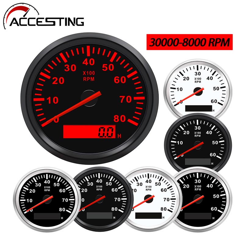 3000-8000 RPM เรือ Tachometer Marine Tacho Meter Gauge LCD Hourmeter 12v/24V 85 มม.รถ Tachometer Toerenteller 12v ชั ่ วโมงเมตร