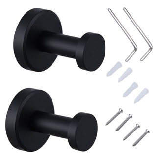 2pcs Home Round Wall Mounted Space Saving Coat Stainless Steel Rustproof Matte Black For Bathroom Bath Robe Towel Hooks