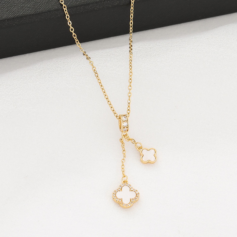 Ht Micro-Inlaid Zircon พู่ Four-Leaf Clover จี้ไทเทเนียมเหล็กสแตนเลส Clavicle Chain เครื่องประดับสาว ราคา ถูกที่สุด ดีลบีเคเค แกลเลอรีภาพที่ 8