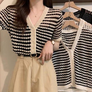  เสื้อคาร์ดิแกน คอวี แขนสั้น ผ้าถัก แบบรูกลวง สไตล์เกาหลี