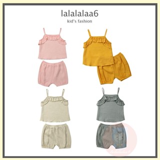 Laa6- เสื้อสายเดี่ยว ผ้าฝ้าย ลินิน สีพื้น + กางเกงขาสั้น สําหรับเด็กผู้หญิง