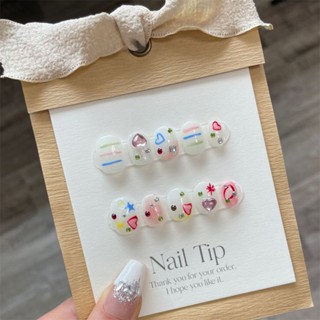 【ในการจัดส่ง】สวมเล็บ Smudged Niche Color Sticker Nail Art Handmade Manicure New Spring And Summer False Nails