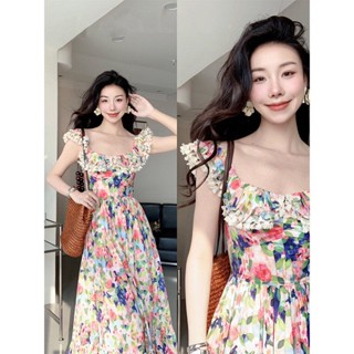 Emily Fashion Shop ชุดเดรสกระโปรงยาว แขนพอง พิมพ์ลาย เหมาะกับฤดูร้อน สไตล์ฝรั่งเศส สําหรับสตรี
