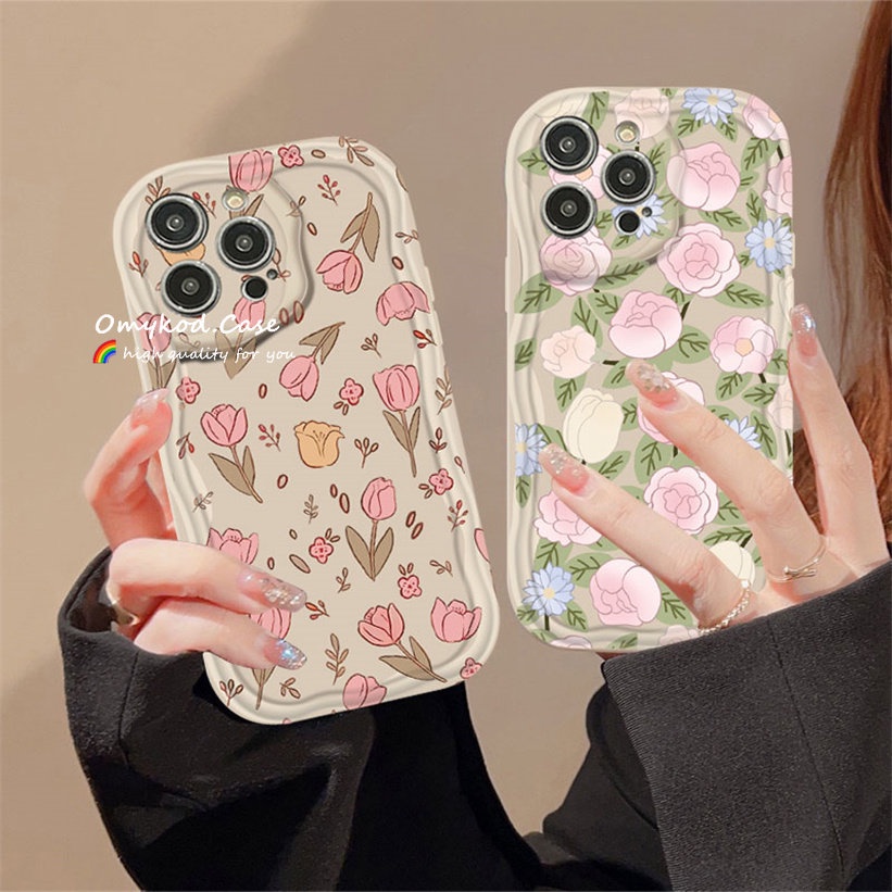 Ready Stock Compatible For Samsung A14 A13 A12 A53 A51 A52 A03 A04E A50 A30S A32 A34 A22 A23 A54 A24 A33 A30S Fashion Wave Tulips Roses Phone Case Soft Shockproof Protection Back Cover