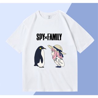 พิมพ์ลาย SPY×FAMILY แฟชั่นเสื้อยืด Anya Forger และ Penguin ผ้าฝ้ายแขนสั้นลายลำลองน่ารัก