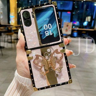 เคสโทรศัพท์มือถือ ป้องกันกระแทก ขอบตรง ประดับเพชร ลายผีเสื้อ สําหรับ OPPO Find N2 Flip