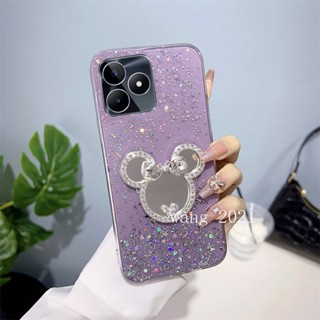 พร้อมส่ง ใหม่ เคสโทรศัพท์มือถือ ซิลิโคนนิ่ม ลายดาว ประดับเลื่อม พร้อมตัวยึดกระจก สําหรับ Realme C53 C55 NFC 2023 RealmeC53