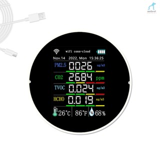 Umt Tuya เครื่องวัดคุณภาพอากาศ Wifi แบบพกพา 7in1 PM2.5 CO2 TVOC HCHO AQI เครื่องทดสอบอุณหภูมิความชื้น จอแสดงผลสี เครื่องตรวจจับคาร์บอนไดออกไซด์ รองรับการควบคุมผ่านแอพโทรศัพท์มือถือ พร้อมปฏิทิน