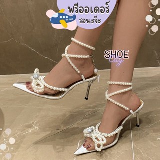 TM11 ส้นสูง 4 นิ้ว size 36-43 รองเท้าส้นเข็ม คาดสายแต่งมุก ผูกเป็นโบว์ สวยมากๆจ้า รองเท้าผู้หญิง พรีออเดอร์