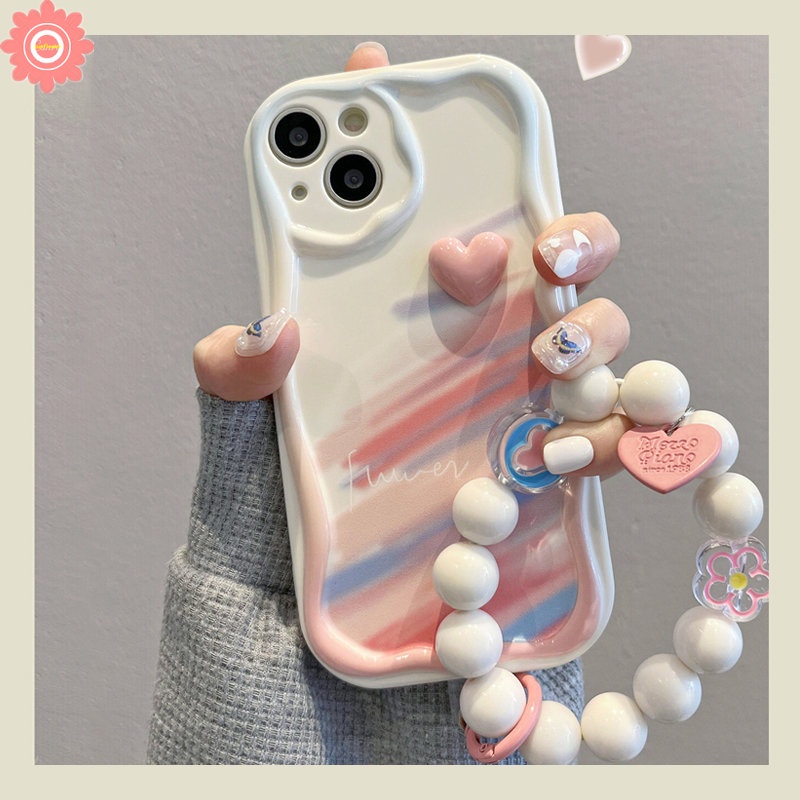 เคสโทรศัพท์มือถือ ขอบโค้ง ลายกราฟฟิตี้สีน้ํา หัวใจ 3D พร้อมสายคล้องมือ สําหรับ IPhone 7Plus 11 15 13 14 12 Pro Max XR X 8 6 7 6s Plus XS Max