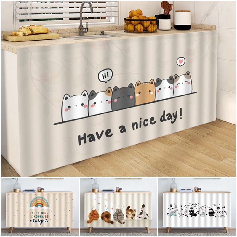 แนะนำ ผ้าม่าน 1เซ็ตการ์ตูนแมวตู้ผ้าม่านรอบกาวในตัวพรมห้องครัวอุปกรณ์ตกแต่งบ้าน ราคาพิเศษ มีเก็บเงินปลายทาง
