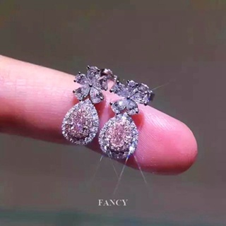 Fancy ใหม่ ต่างหูเข็มเงิน 925 รูปหยดน้ํา ประดับเพชร สีชมพู เครื่องประดับแฟชั่น