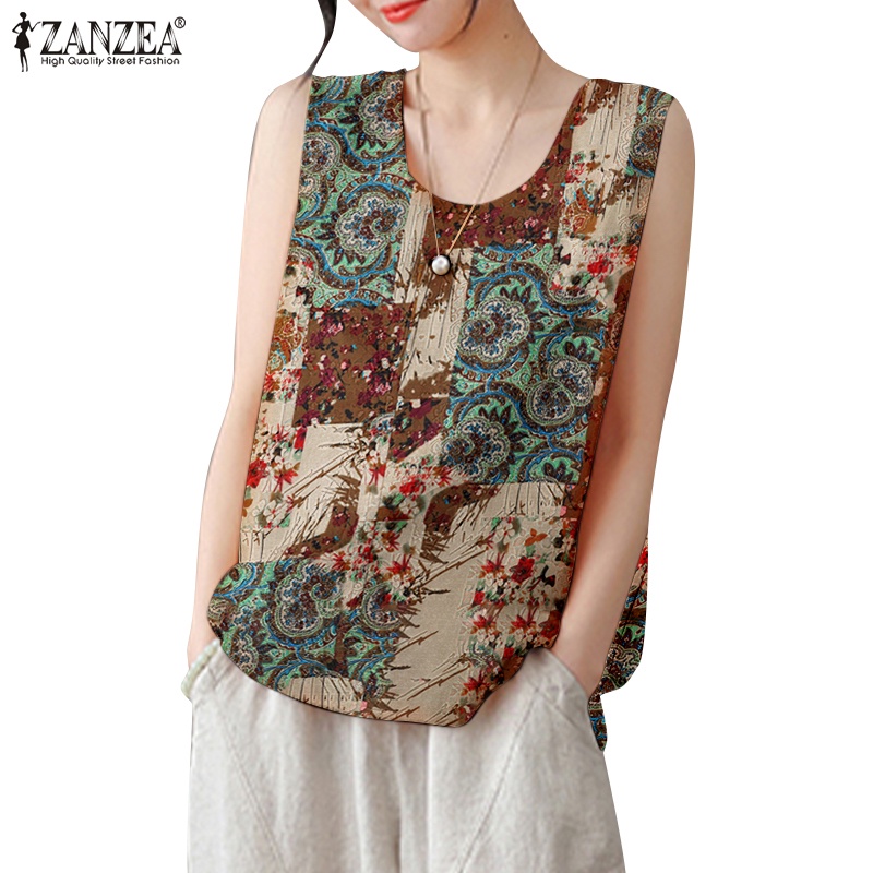 Zanzea ผู้หญิง เกาหลี คอกลม แขนกุด ลําลอง พิมพ์ลายดอกไม้ เสื้อกล้าม