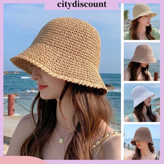 &lt;citydiscount&gt; หมวกฟางสาน กันแดด ปีกกว้าง พับได้ ระบายอากาศ สีพื้น สําหรับผู้หญิง