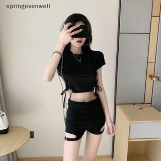 [springevenwell] ชุดเสื้อแขนสั้น กางเกงขาสั้น เอวสูง สีดํา สไตล์เกาหลี