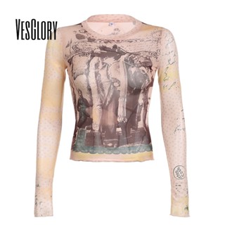 Vesglory เสื้อครอปท็อปลําลอง แขนยาว คอกลม ทรงสลิมฟิต พิมพ์ลาย สีตัดกัน สไตล์เรโทร แฟชั่นสําหรับสตรี 2023