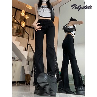 PALPITATE กางเกงลำลองผ่าหน้าสีดำ ดีไซน์สาวฮอต สัมผัสเฉพาะกางเกงเอวสูงขากว้างทรงตรง