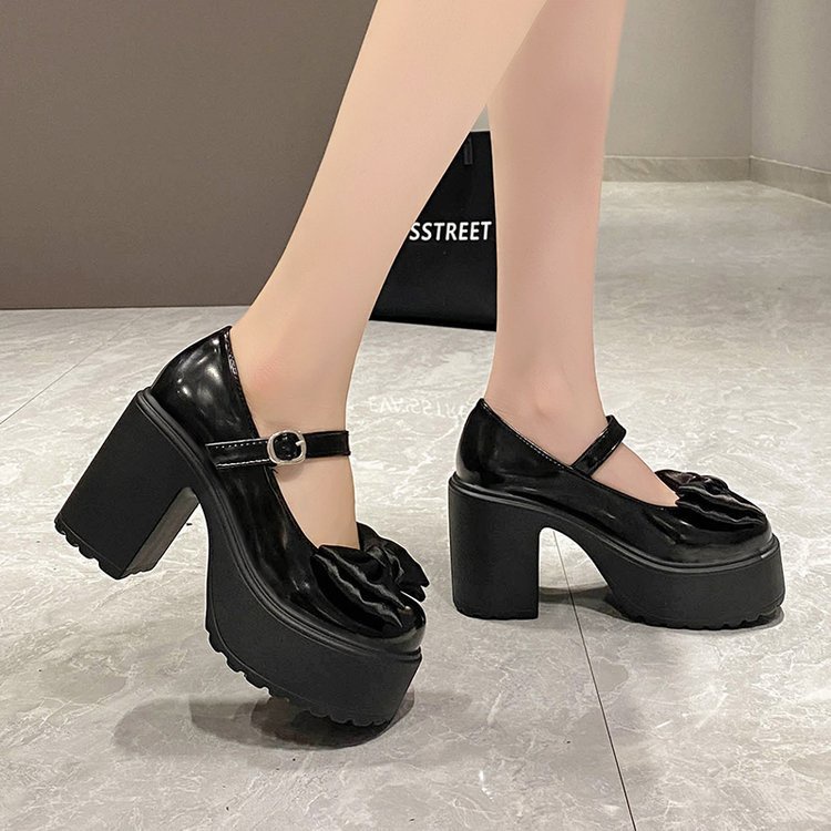 🎀ส่งจากไทย🎀รองเท้าส้นสูงแฟชั่นสตรี ส้นหนา ตกแต่งโบว์ รองเท้าหนังแมรี่เจนสไตล์เกาหลี ส้นรองเท้าสูง 9cm