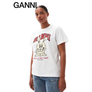 Ganni เสื้อยืดคอกลม แขนสั้น พิมพ์ลายกระต่าย สีขาว สําหรับผู้หญิง3465151