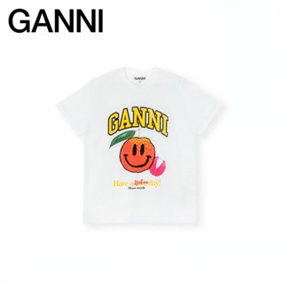 [สินค้าใหม่] Ganni เสื้อยืดคอกลม แขนสั้น พิมพ์ลายหน้ายิ้ม สีขาว สําหรับผู้หญิง3605151