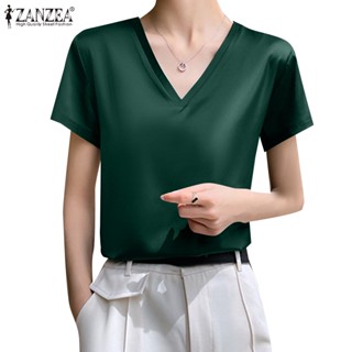 Zanzea เสื้อท็อปแขนสั้น คอวี ผ้าซาติน สีพื้น สไตล์เกาหลี สําหรับผู้หญิง