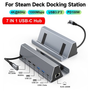 7 in 1 USB ฮับ Steam Deck สถานีเชื่อมต่อ อลูมิเนียมอัลลอยด์ โฮลเดอร์ด็อค 60Hz HDMI-compatible USBC สำหรับ Steam Deck ขาตั้งฐานคอนโซล