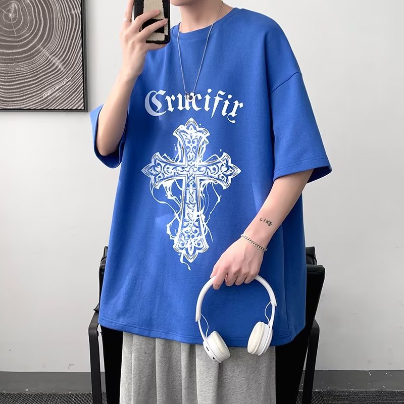 เสื้อยืดลําลอง แขนสั้น คอกลม พิมพ์ลายไม้กางเขน โอเวอร์ไซซ์ สไตล์เรโทร แฟชั่นฤดูร้อน สําหรับผู้ชาย ไซซ์ M - 8XL