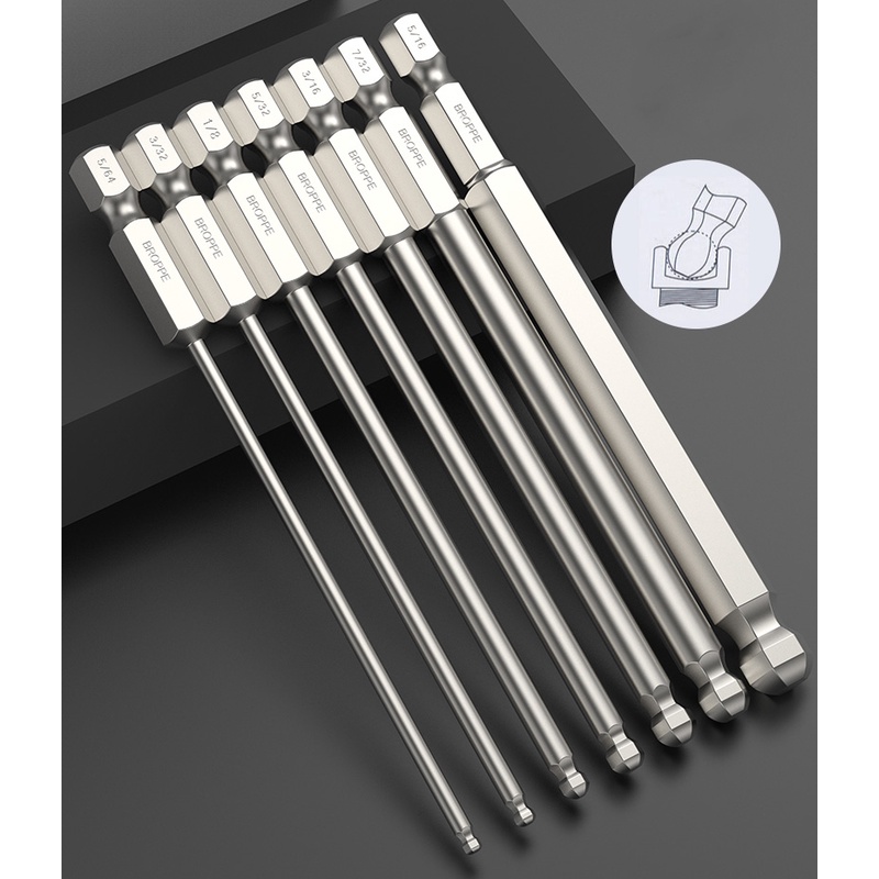 7 ชิ้น Ball End SAE หกเหลี่ยมไขควง Bits 5/64 - 5/16", 100 มม.ความยาวแม่เหล็ก 1/4 "Hex Shank S2 เหล็กหัว Allen ประแจสกรู Driver Bit สําหรับประกอบเฟอร์นิเจอร์
