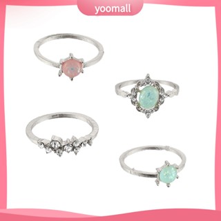 {YO} แหวนนิ้วมือ โลหะผสม ทรงเรขาคณิต สีแคนดี้ ซ้อนกันได้ เครื่องประดับ 4 ชิ้น ต่อชุด