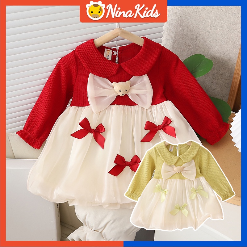 ชุดสีแดงเด็กผู้หญิง ชุดเดรสแขนยาว ลายหมีน่ารัก สไตล์เกาหลี สําหรับเด็กผู้หญิง อายุ 0-4 ปี