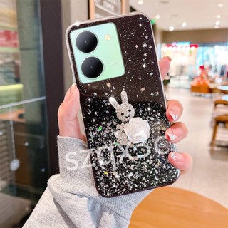 พร้อมส่ง เคสโทรศัพท์มือถือ TPU นิ่ม ปิดด้านหลัง ลายดอกไม้ กระต่าย ประดับเพชรเทียม สําหรับ VIVO Y36 Y27 Y78 V27 V27e Y02T Y77 5G 4G Y78