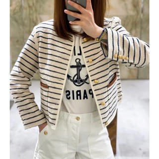 BAZJ C- ELINE 2023 Navy style blue striped pocket peeling short lazy advanced all-match woolen coat