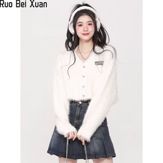 Ruo Bei Xuan ใหม่ของผู้หญิงเสื้อคาร์ดิแกนเสื้อกันหนาวขี้ผึ้งนมสั้นคอวีหลวมเดินทางเสื้อกันหนาวแขนยาว