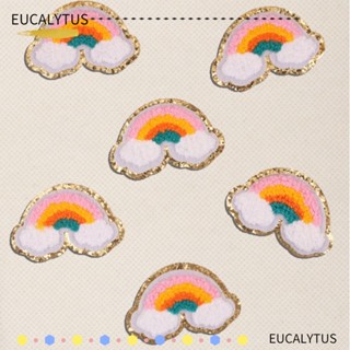 Eutus แผ่นแพทช์กลิตเตอร์ Chenille Chenille สีรุ้ง พร้อมเลื่อมสีทอง สําหรับติดหมวก 6 ชิ้น