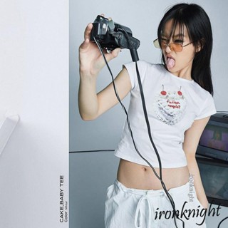 Ironknight- เสื้อยืดแขนสั้น คอกลม พิมพ์ลายตัวอักษร เชอร์รี่ เค้ก สําหรับผู้หญิง